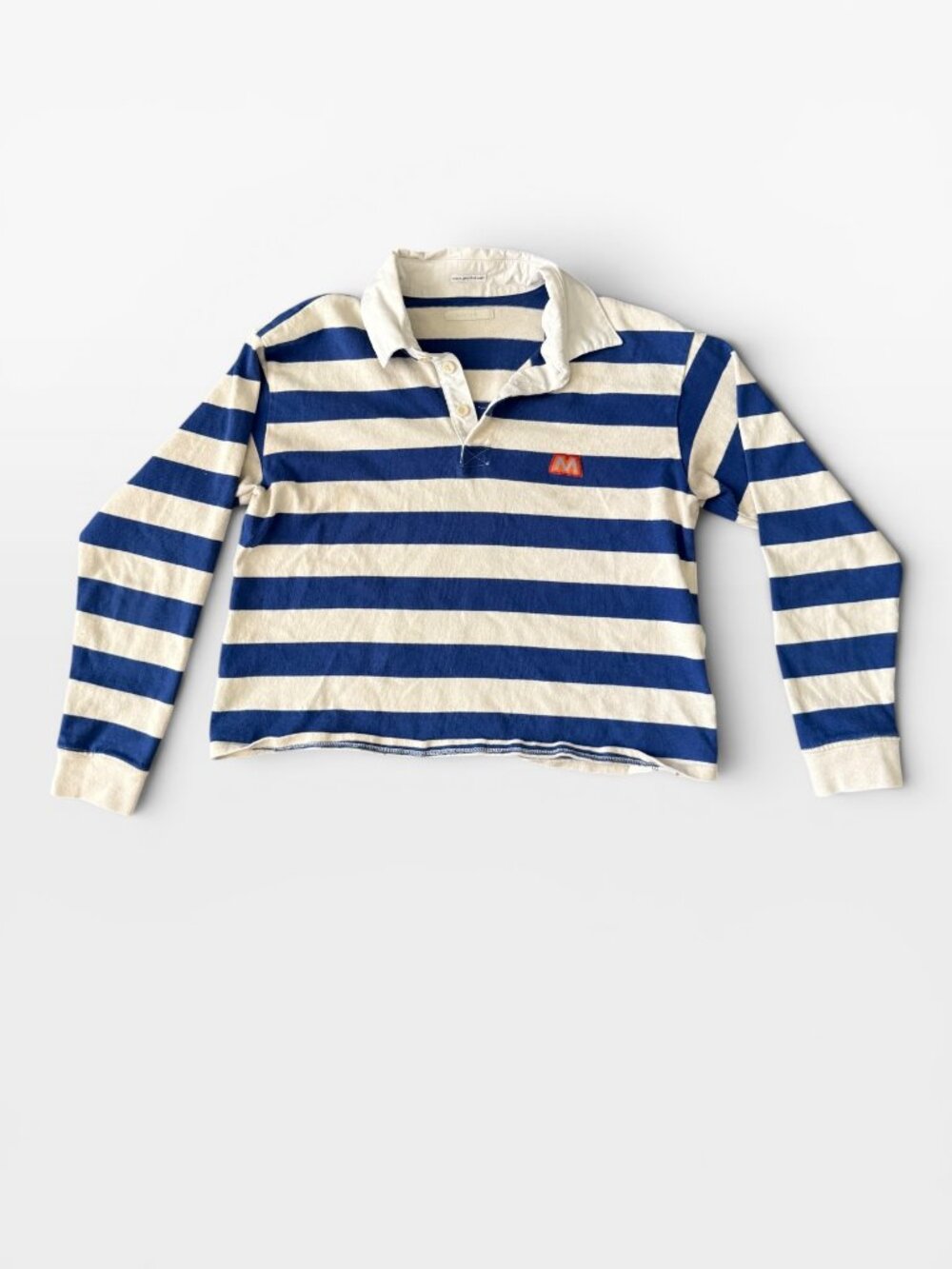 MOTHER Boxy Polo Crop Tee in Game On- Blue/Cream Stripes- S- Long Sleeve - Picture 13 of 16